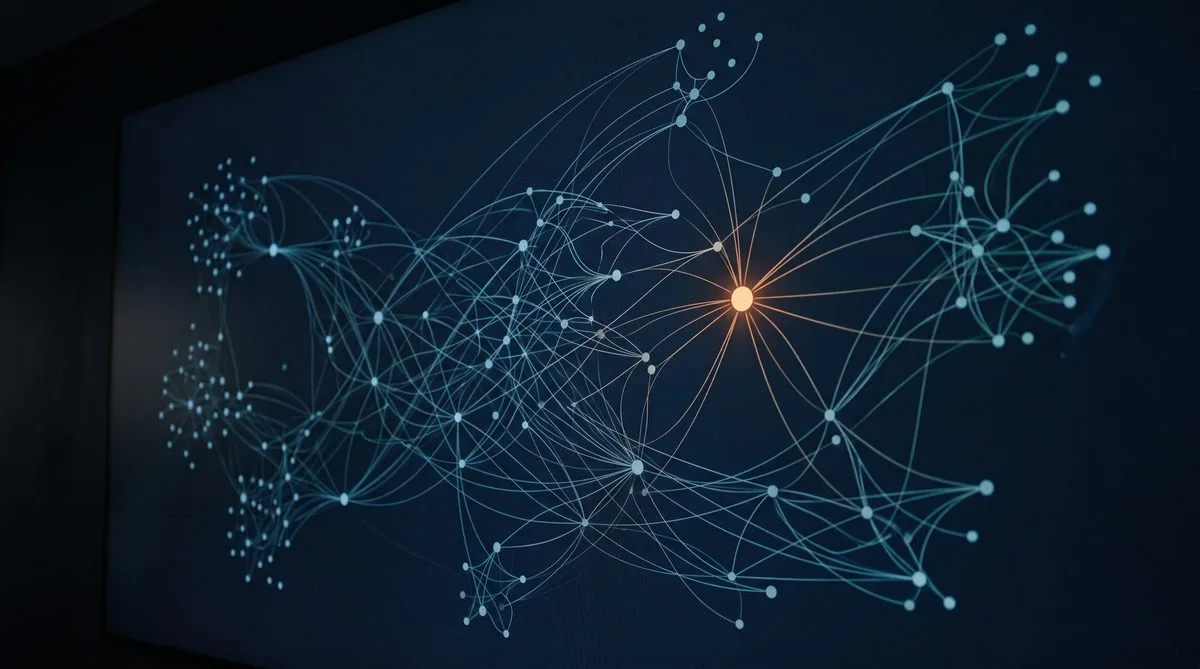 Abstract network diagram of glowing transaction nodes with one node highlighted in amber suggesting a flagged anomaly