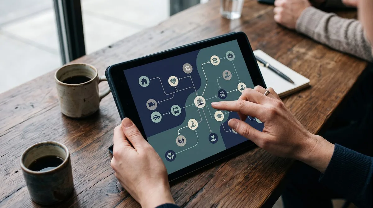 Overhead view of hands using a tablet showing a simplified flowchart of interconnected government service icons