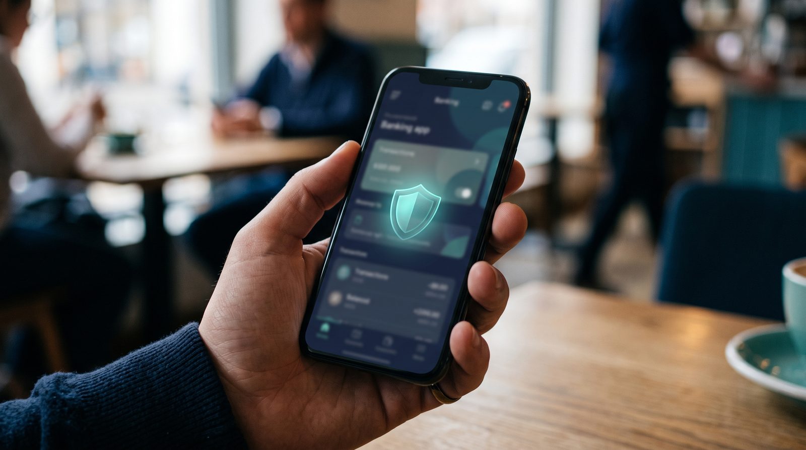 A smartphone showing a blurred banking app interface with a glowing shield icon suggesting security, held in someone's hand