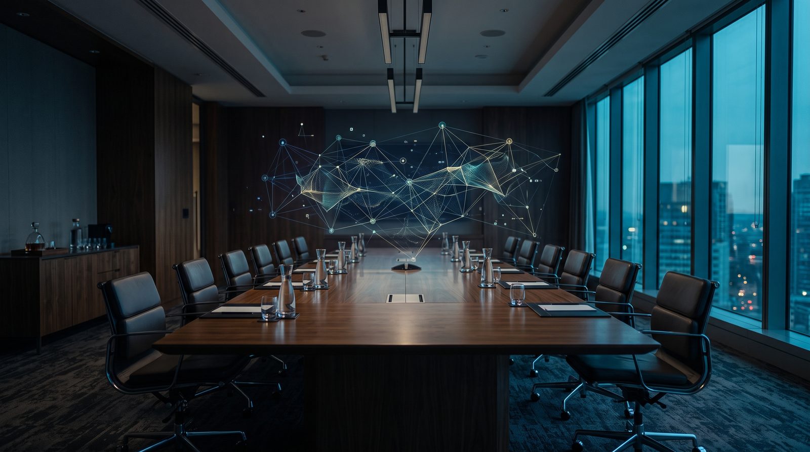 An empty boardroom table with a subtle abstract network graphic floating above the surface, symbolising governance and oversight