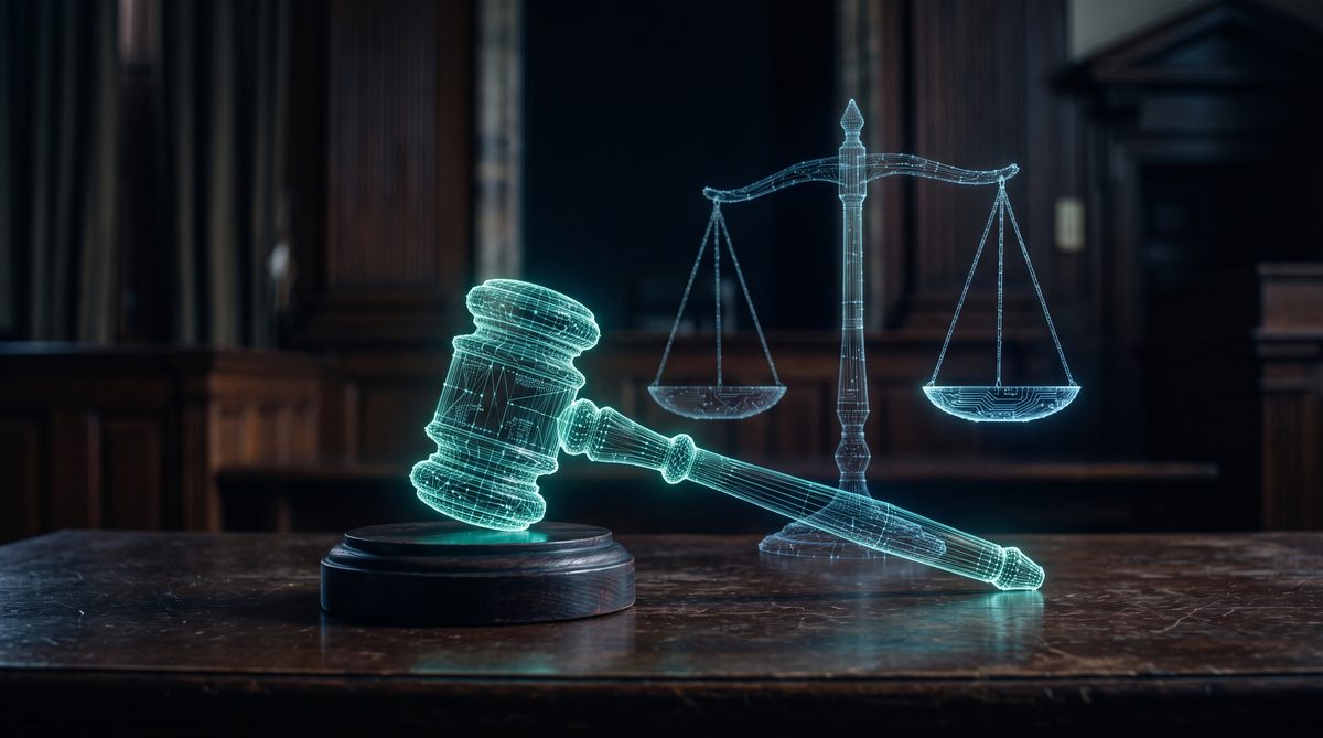 A glowing digital wireframe gavel and scale of justice symbolising AI governance and regulation