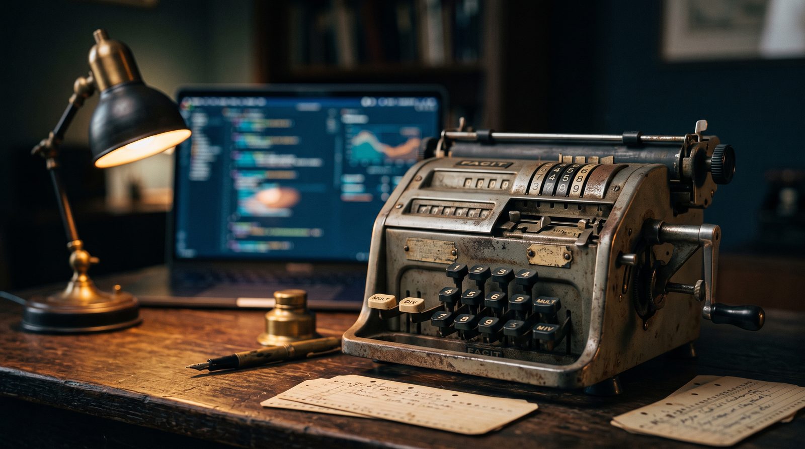 A vintage mechanical calculating machine on a wooden desk with a modern laptop glowing softly out of focus in the background, symbolising the link between AI's past and present