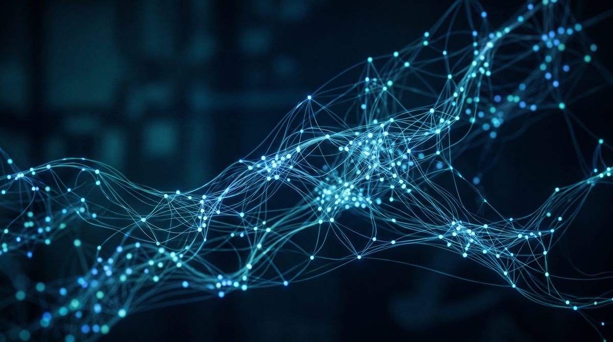 Abstract glowing neural network visualisation with blue and teal connected nodes against a dark background