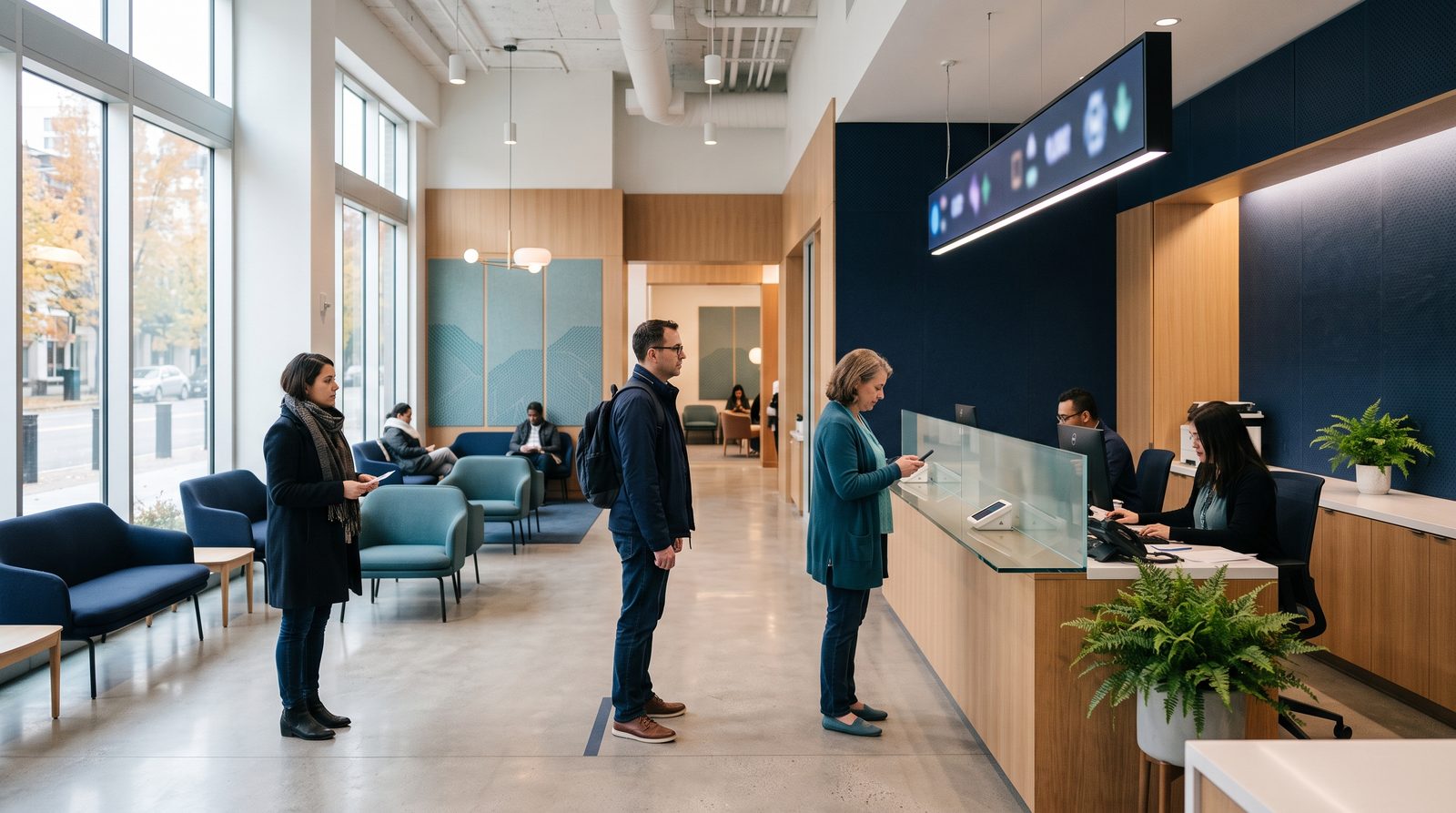 A calm, modern public service office with people waiting near a digital number-display screen, clean architecture and natural light