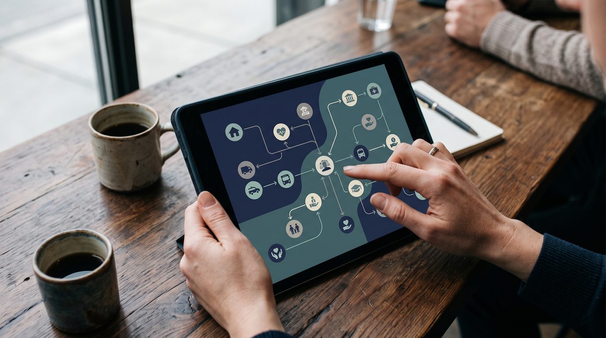 Overhead view of hands using a tablet showing a simplified flowchart of interconnected government service icons