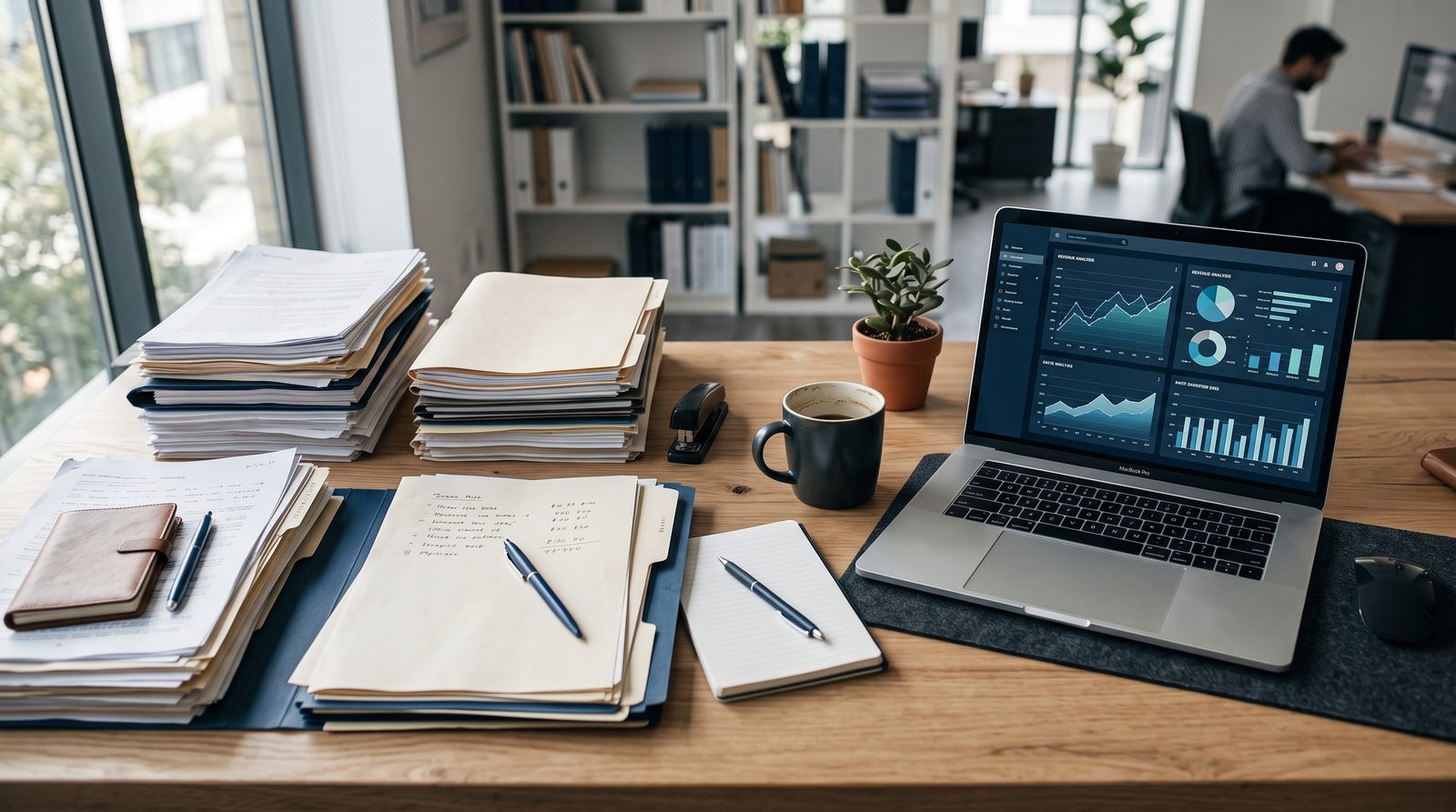An office desk from above showing paper tax documents on one side transitioning into digital charts on a laptop screen on the other, symbolising digitisation of tax records