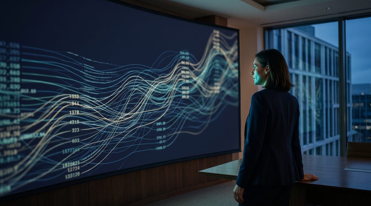 Abstract visualisation of financial ledger lines and flowing numbers forming an upward trend graph in teal and navy tones
