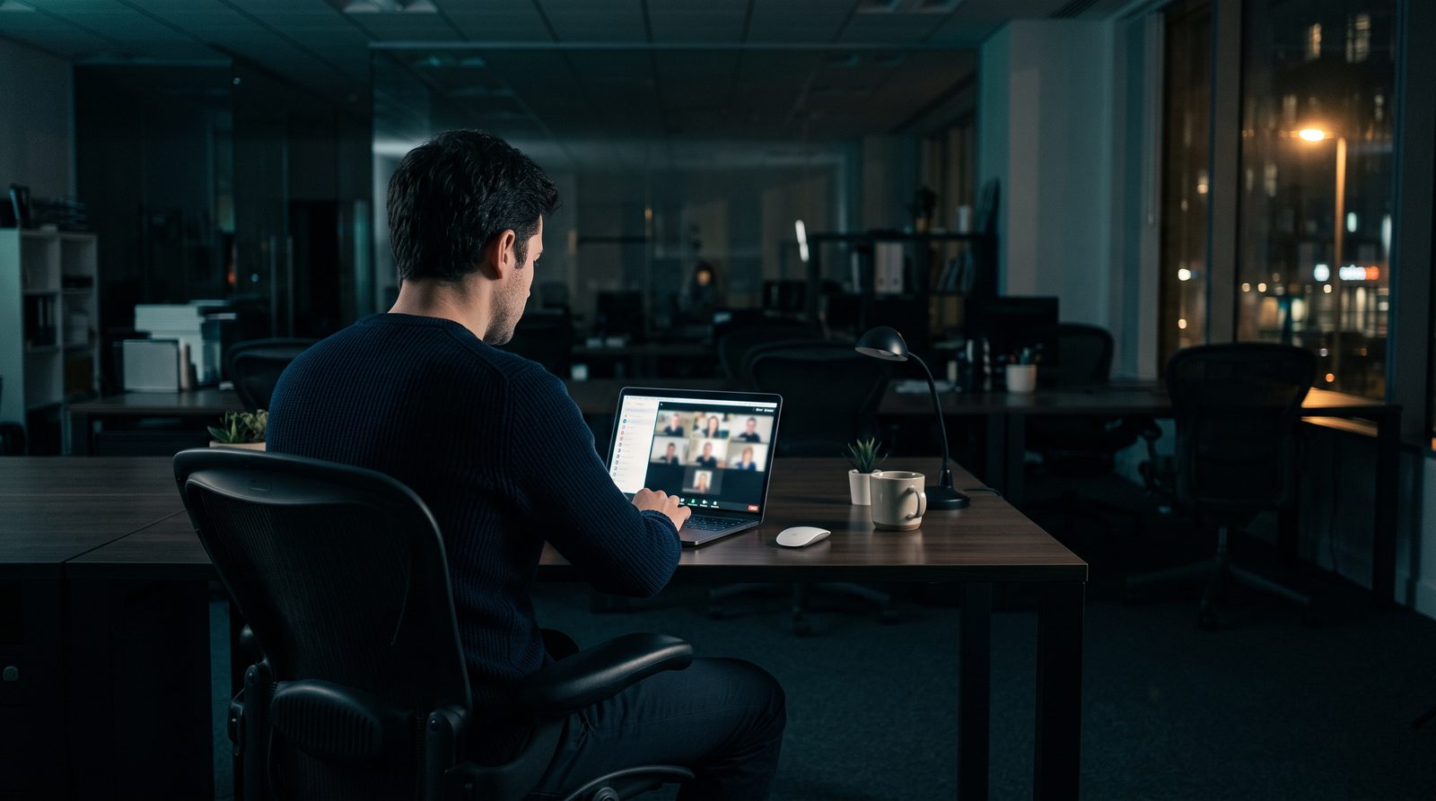 An office worker viewed from behind at a desk in a dimly lit room, facing a laptop screen showing a blurred video conference call, evening atmosphere